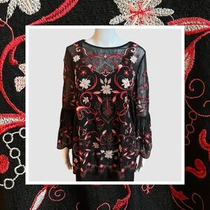 John Mark Black and Red Embroidered Blouse